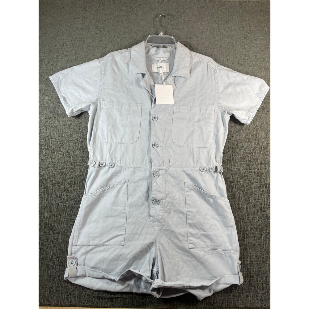 Pistola Grover Short Sleeve Button Front Romper Light Blue Utility Size L NWT